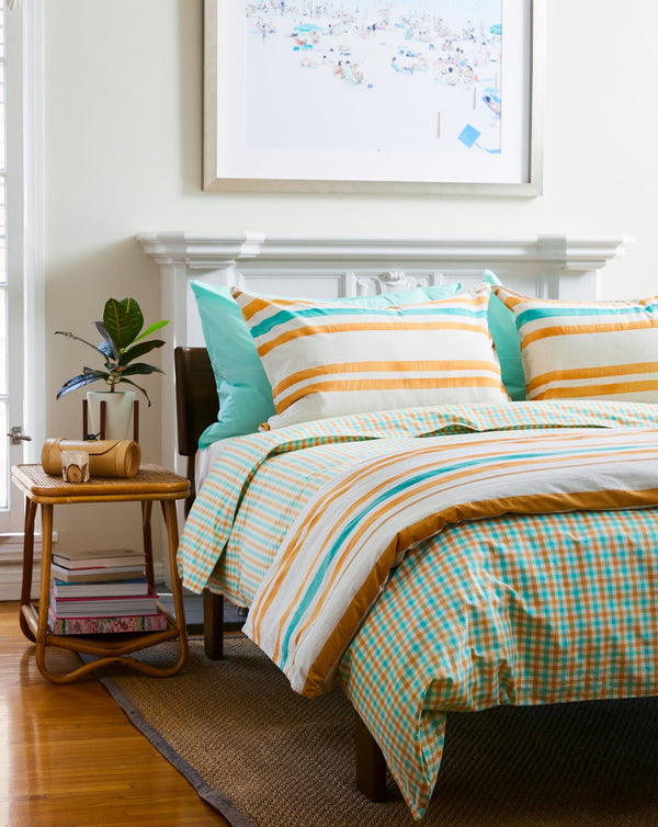Turquoise & Flax Gingham Duvet Cover